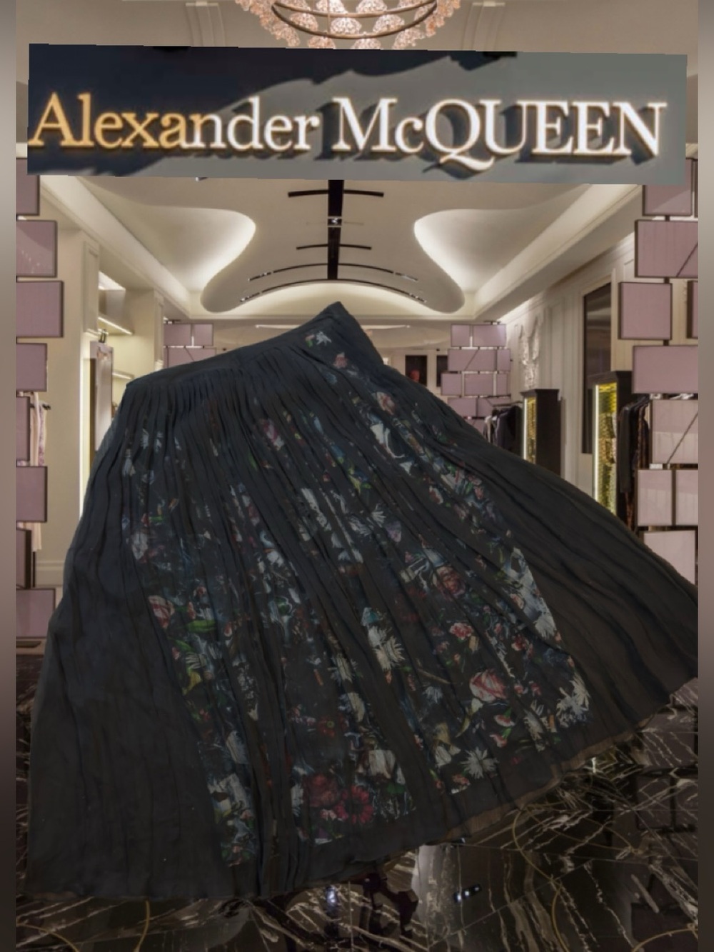 Alexander McQueen 10O% Silk Black Pleated Skirt Floral Inset🔥